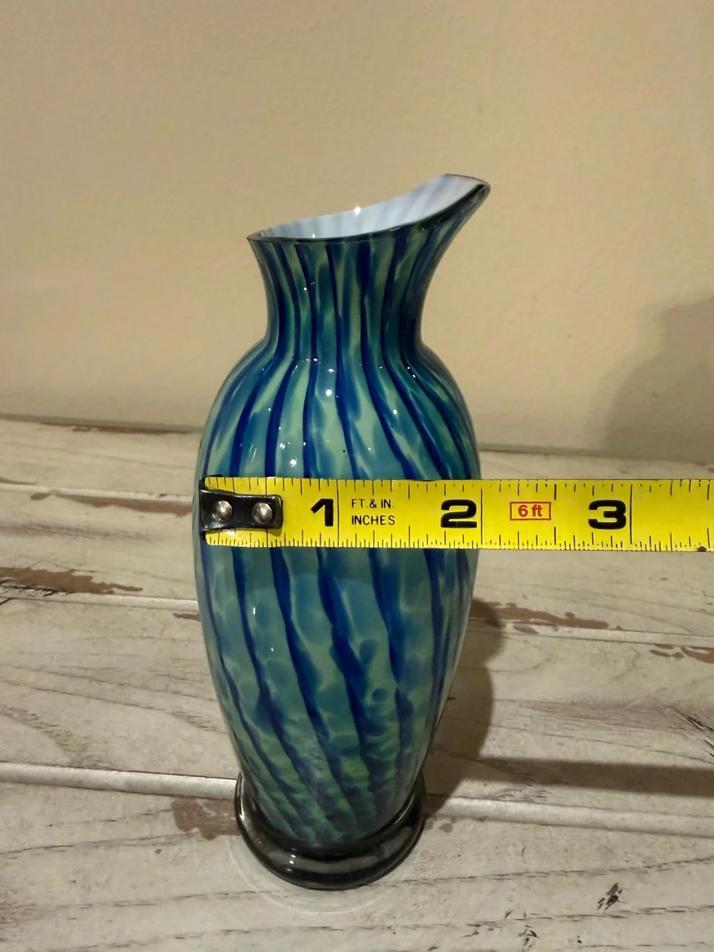 Vintage Blue & Green Art Glass Vase Slanted Rim Swirl Ribbed Decor 6.5